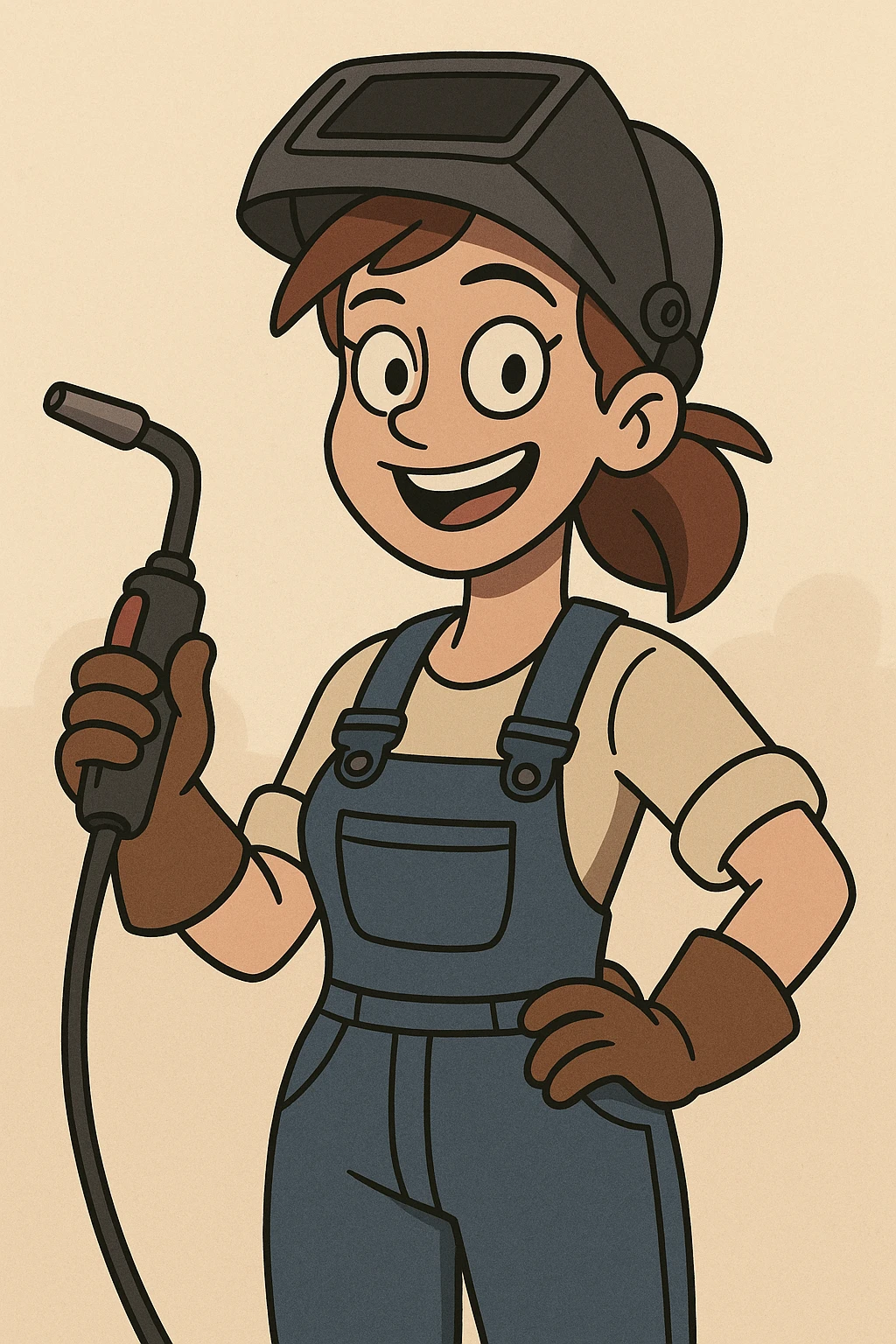 female welder, cartoon style, smiling, holding welding torch, blue overalls emoji
