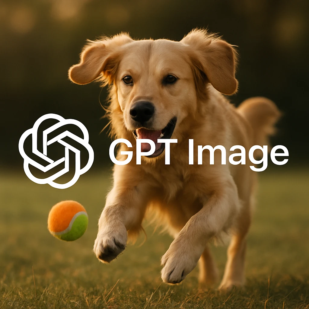  logo of chat gpt with text "GPT Image" on the background of a dog chasing ball, realistic image emoji