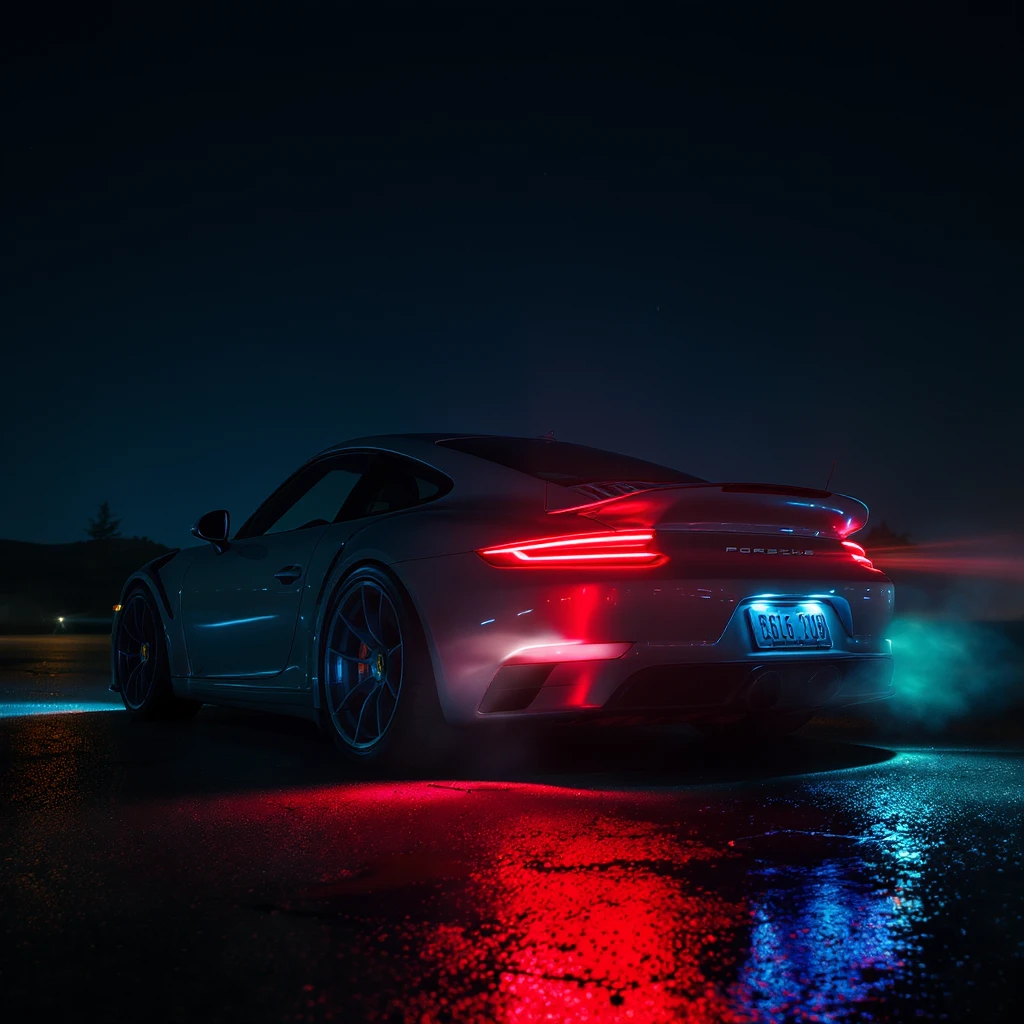 Cinematic still of a porsche 911, night photo, red lights and blue bright night  emoji