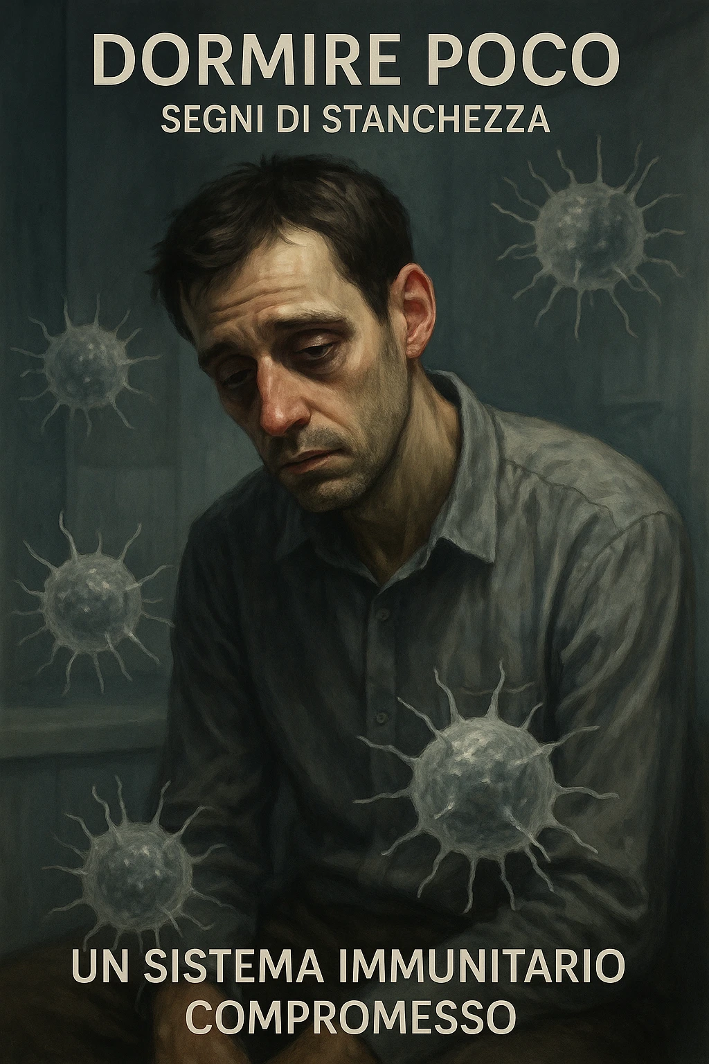 vertical realistic illustration of a man who sleeps very little, showing signs of tiredness and a compromised immune system represented by weak immune cells, clinical atmosphere with dramatic lighting, Italian captions, aspect ratio 2:3 emoji