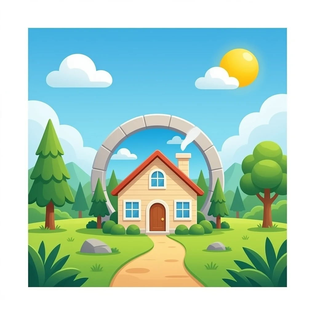 A portal to another world. (The portal is in the Jurassic period.)Through the portal, you can see a house. emoji