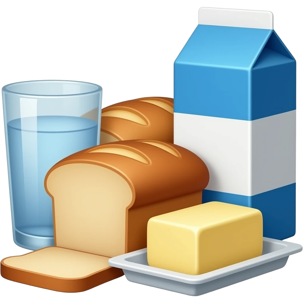 a pile of food items such as bread, butter, water, milk, etc. emoji