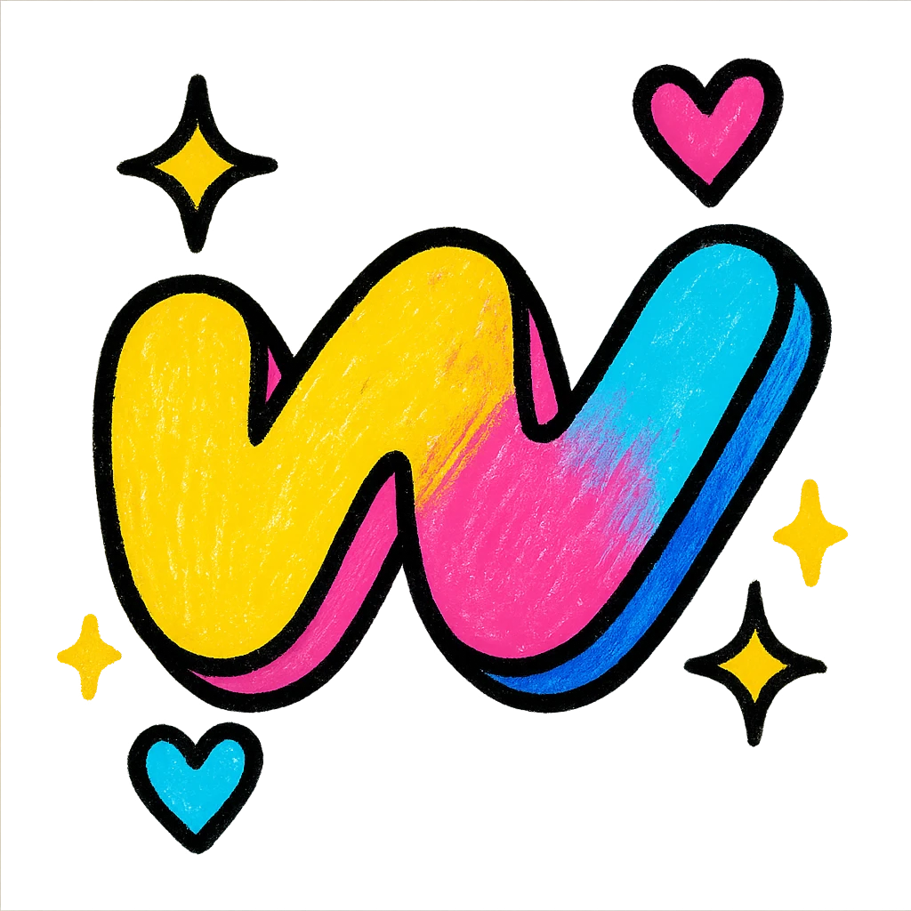 plump, colorful Wattpad logo 'w' with bold outline, expressive shadows and highlights, sparkles and floating hearts in bright colors around the logo, no background emoji