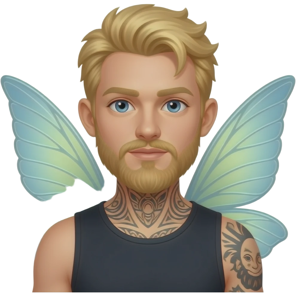 fairy face , blond man, fairy wings sticking out behind shoulders, and beard and face tattoo emoji