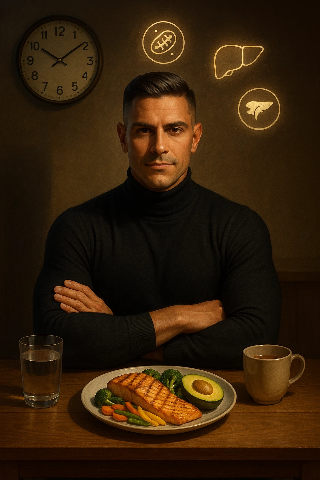 A realistic, cinematic illustration of a healthy, fit man in his early 30s with a calm, disciplined expression, sitting at a clean wooden table in the evening with a single, balanced, nutrient-dense meal in front of him (grilled salmon, colorful vegetables, avocado). The rest of the day he drinks only water and herbal tea, visible in a glass and a simple cup on the side. A wall clock in the background shows 6:00 PM, emphasizing that this is his only meal of the day (OMAD). Subtle glowing icons above him display a regenerating cell, mitochondria, and a liver symbol, representing autophagy, longevity, and health benefits of OMAD. The lighting is warm, with cinematic shadows and natural tones, creating a sense of discipline, mental clarity, and health optimization. The man looks centered and content, showing that OMAD is a conscious choice for energy and regeneration, not restrizione. The scene is realistic with slight film grain for depth emoji