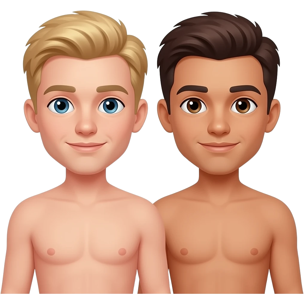 Make a gay couple on a Date , one has light Skin with Blond Hair and Blue Eyes, the other one has slightly brown skin witz dark Brown Hair and Brown Eyes. They are naked. emoji