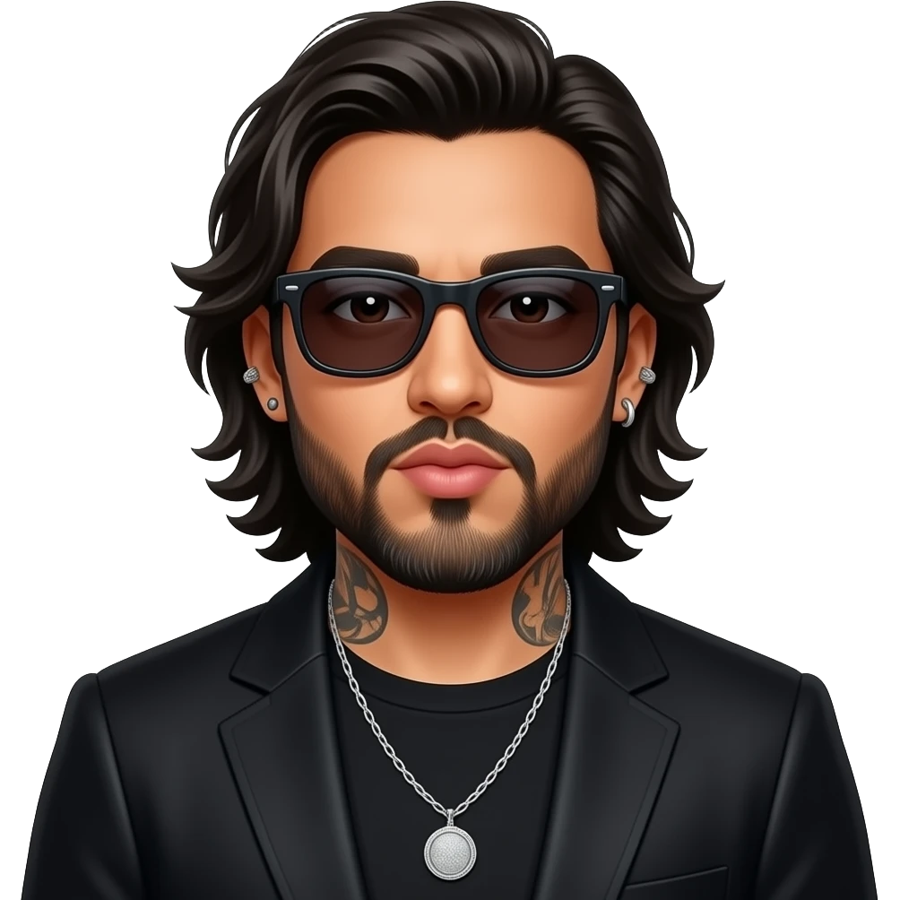 handsome, manly Latino podcast host with black colored eyes wearing black with silver jewelry, with medium length hair, a very long, lightly graying beard and tattoos, his ear pierced and right nostril as well, dark sunglasses. Blows kiss emoji