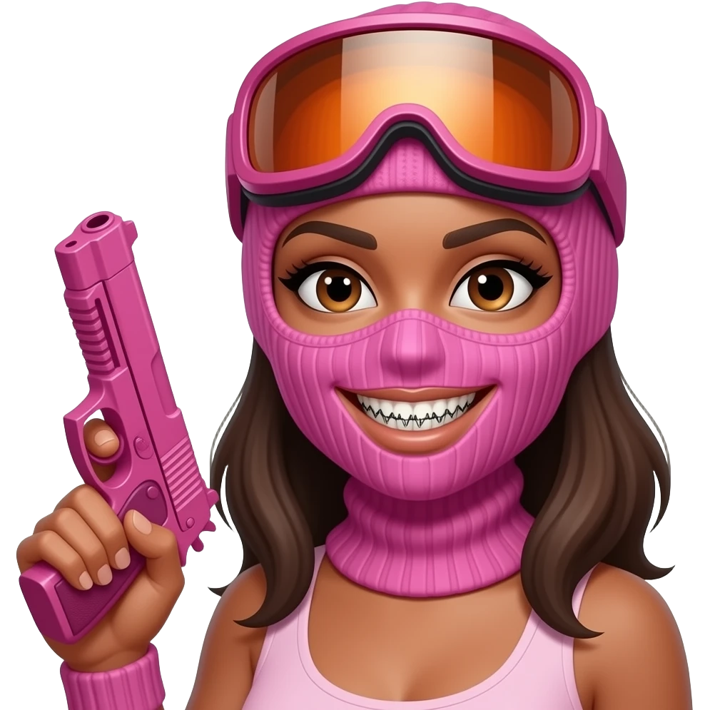 Smiley face tan woman with grillz, wearing a pink ski mask. holding a pink gun emoji