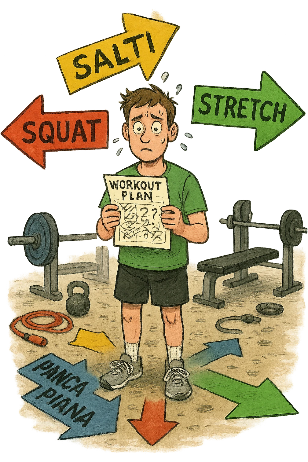 a person stands in the center of a gym, surrounded by arrows pointing in all directions, each labeled with a different exercise (e.g., “squat,” “Salti,” “stretch,” “Panca Piana”). The person looks bewildered, holding a workout plan with scribbles and question marks. The scene is colorful but visually messy, symbolizing confusion. in italiano immagine iperrealistica emoji