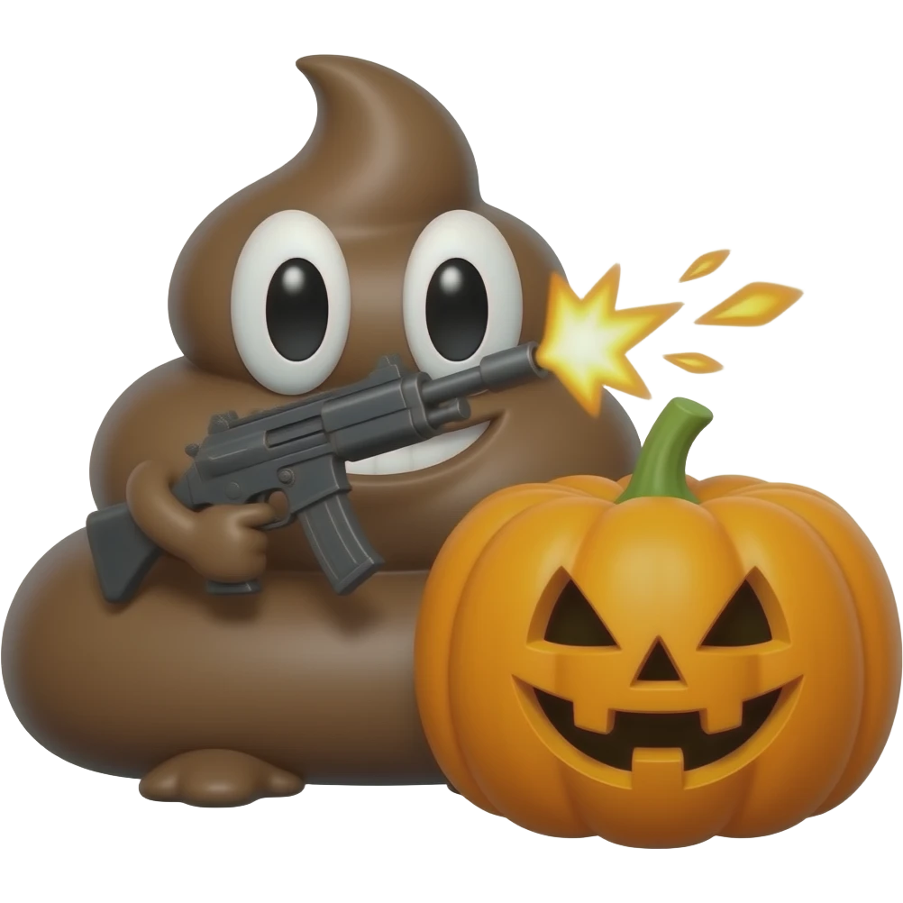 Pelúcia De Cocô Com Um Metralhadora dando tiros na abóbora de Halloween emoji