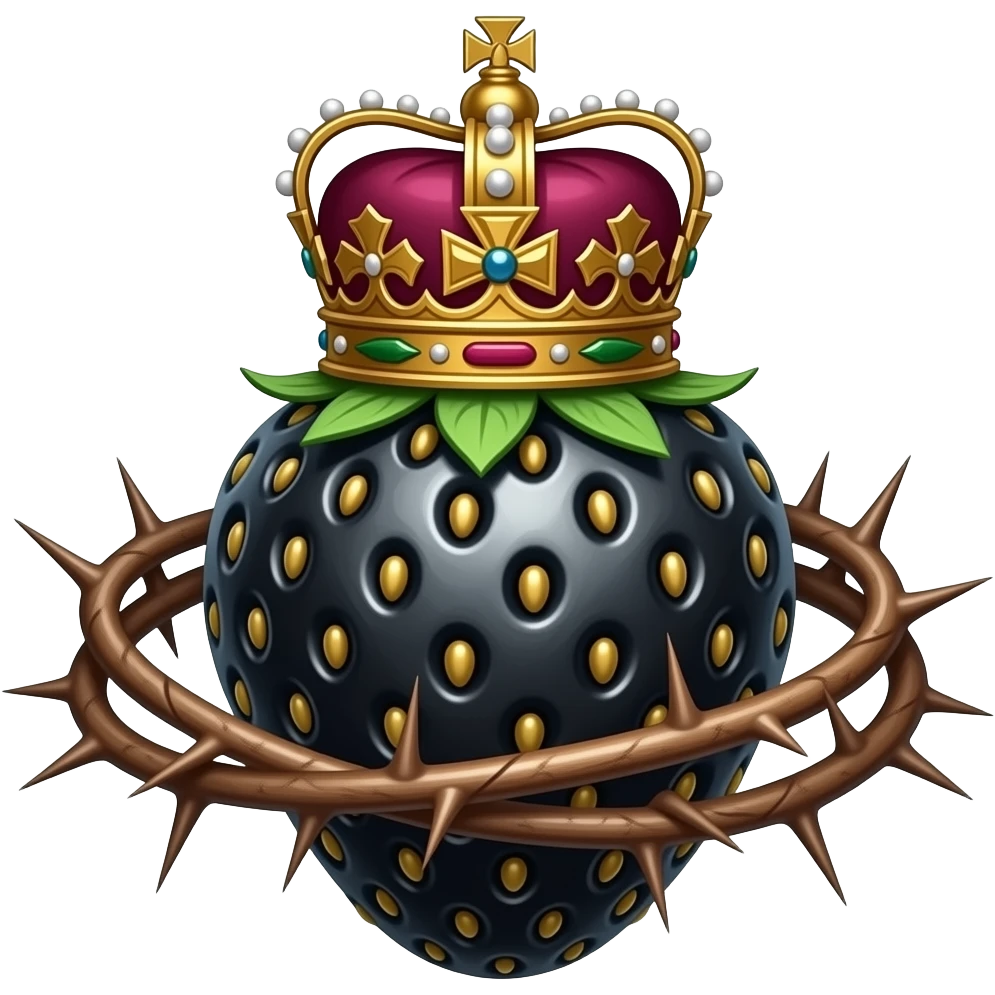 steampunk style - a rusty metal structure with many rivets in the shape of a wild black strawberry with a rusty, richly decorated English royal crown. vAn oversized crown of thorns is wrapped around the strawberry's body and is spinning around its body emoji
