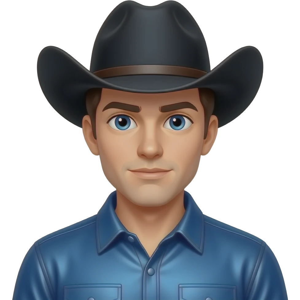 Jack Twist from Fictional Characters with blue eyes, dark brunette hair, black cowboy hat, indigo metallic cowboy shirt emoji