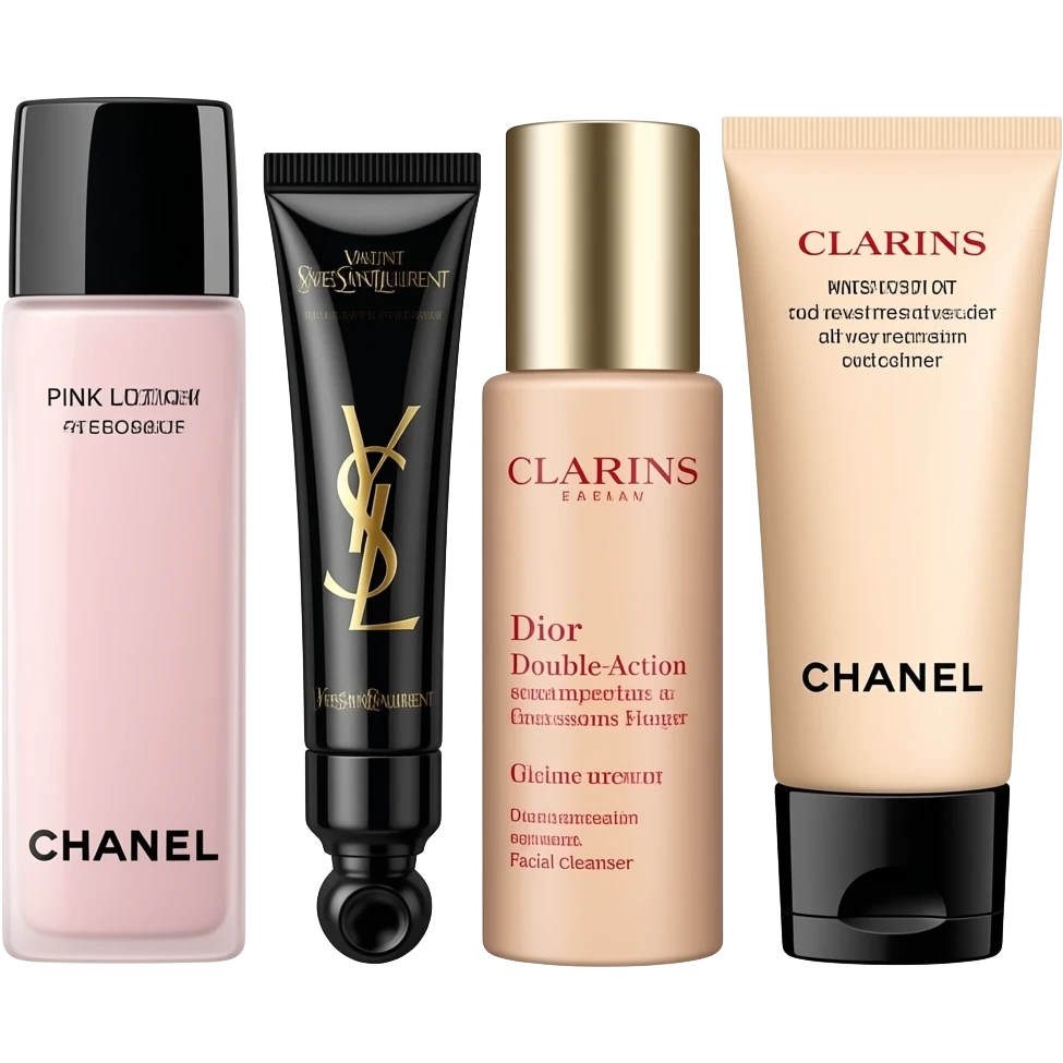 Chanel Pink Lotion, Yves Saint Laurent Eye Cream, Dior Face Cream, Clarins Double-Action Serum, and Chanel Facial Cleanser emoji