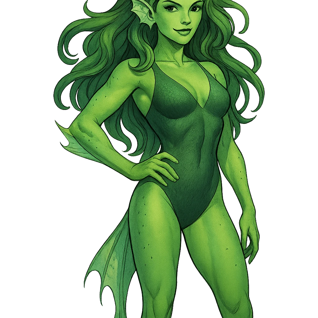 attractive version of Marrina Smallwood, the Marvel character, with aquatic features, green skin, flowing hair, confident pose emoji