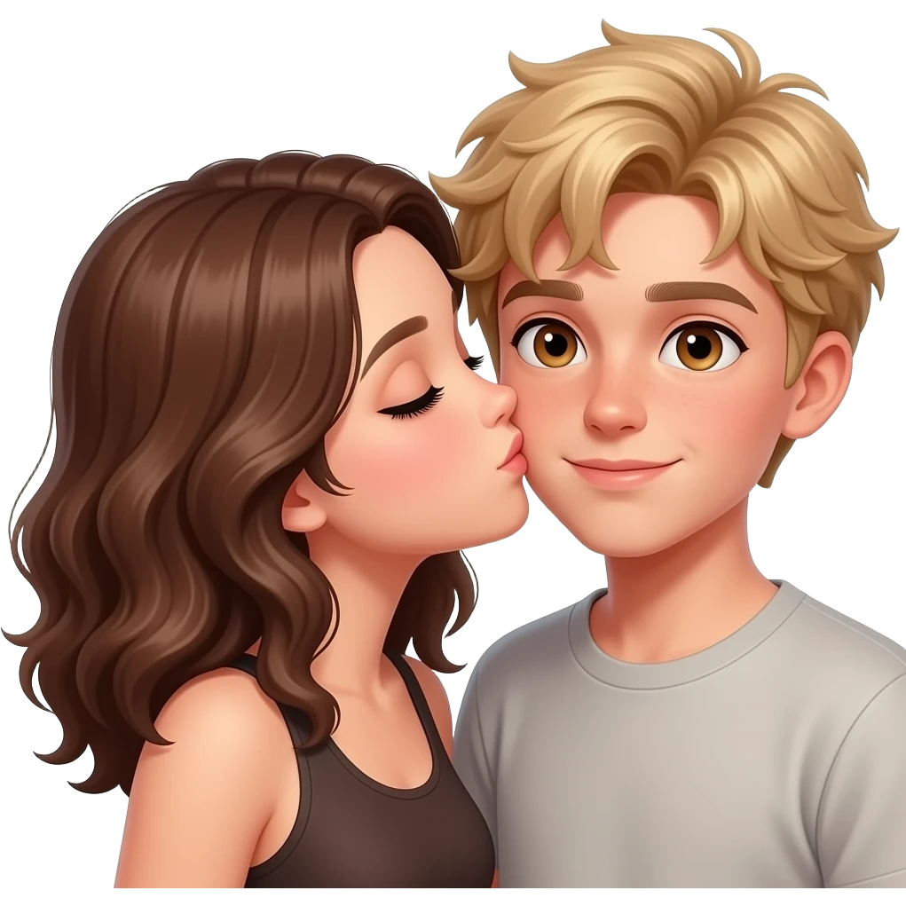 Chica con pelo marrón medio ondulado y ojos marrones besando a chico rubio con ojos marrones con cabello desordenado emoji