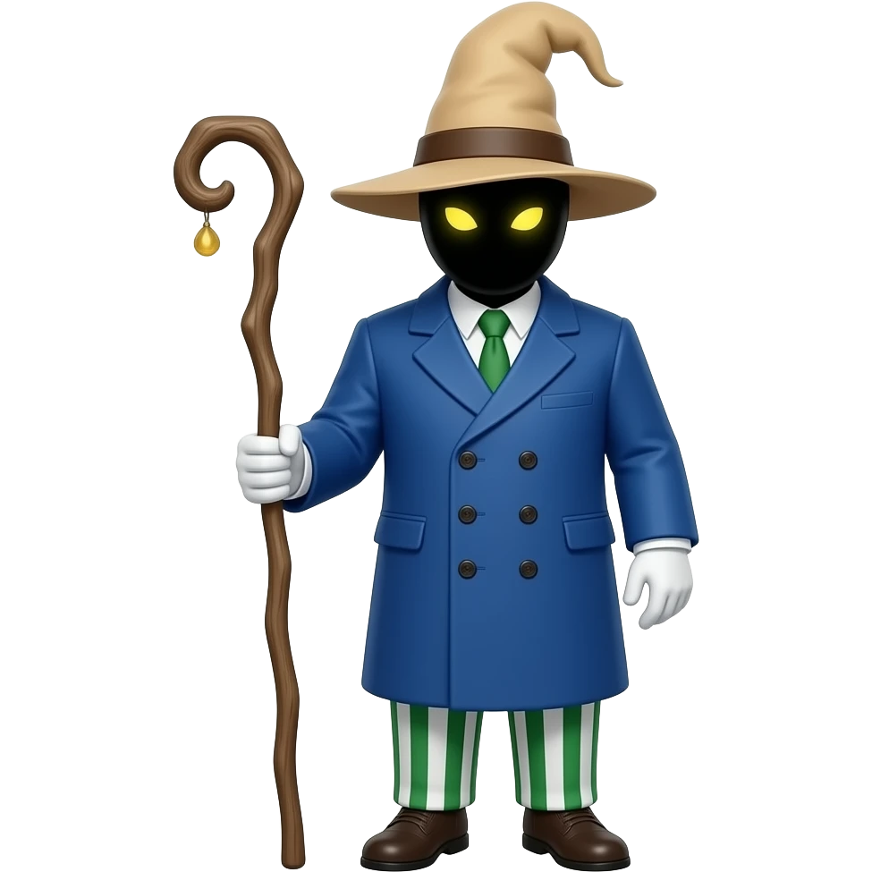 cibi pitch-black face illuminated only by two small glowing, circular yellow eyes. He wears a tall, floppy tan wizard’s hat, a bulky blue double-breasted coat, and distinctive green-and-white striped balloon trousers. white gloves and a staff emoji