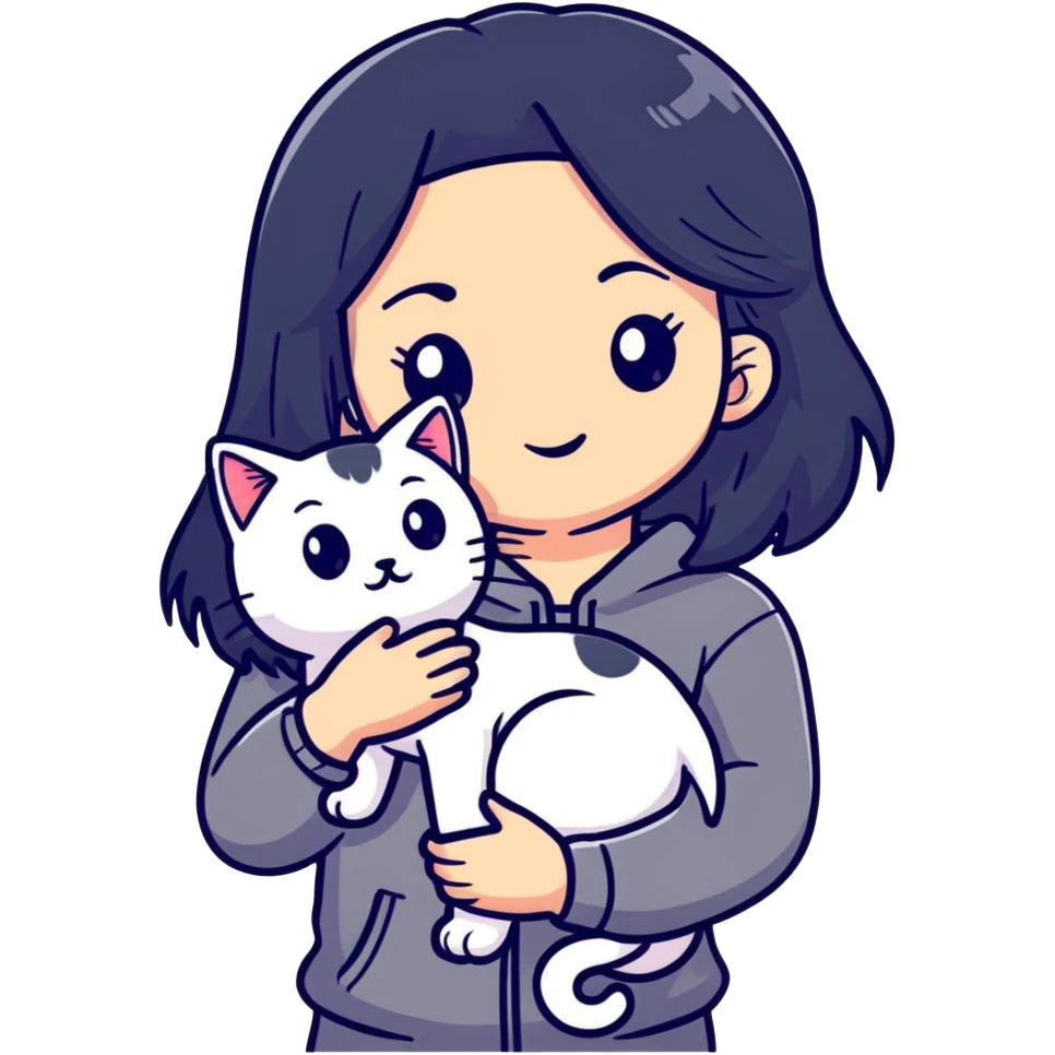 beautiful girl with long black hair holding a hairless cat emoji