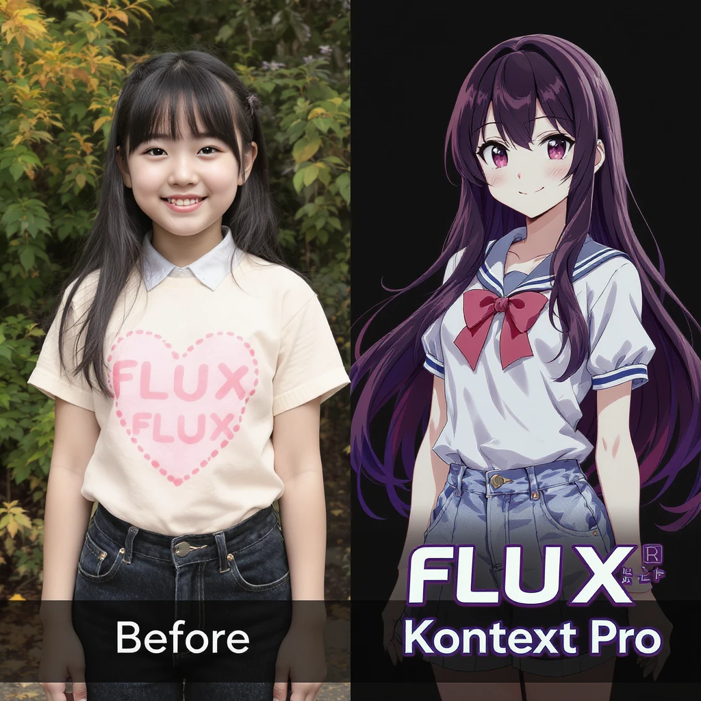 create before after image of a girl before is realsitic photo, after is anime version of her in same pose and clothes, add logo with text of a "FLUX Kontext Pro" emoji