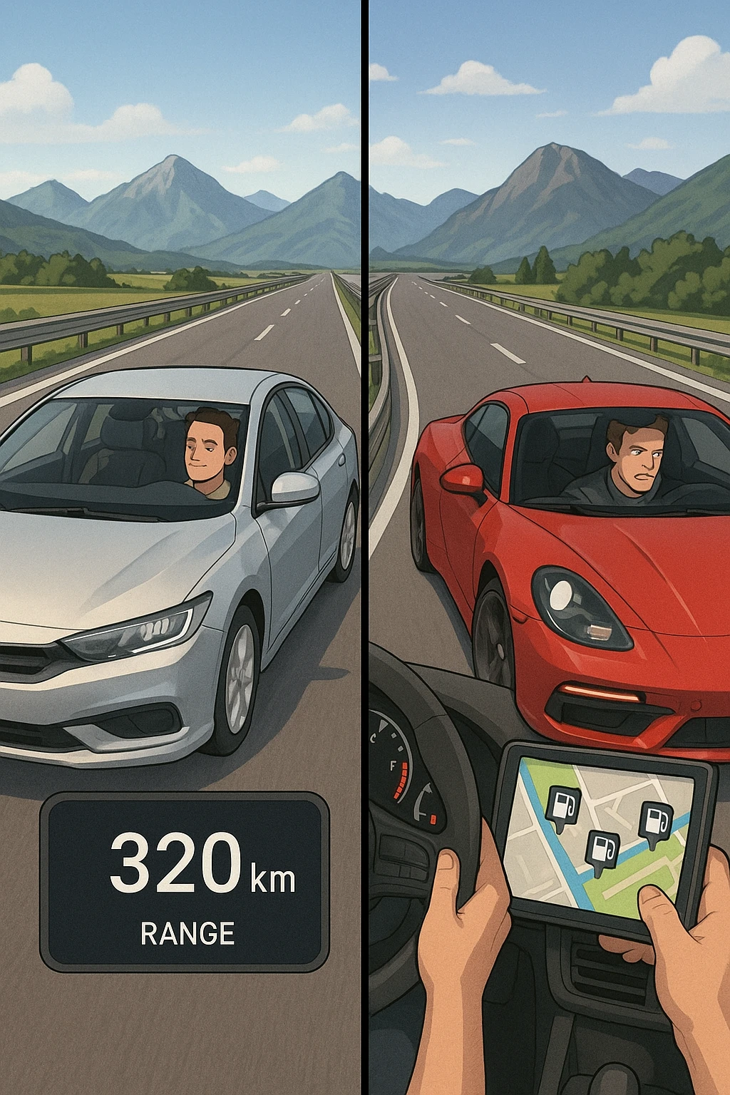 "Split screen highway scene: left side fuel-efficient hybrid car smoothly cruising at optimal speed with digital display showing remaining range 320km, serene driver with relaxed expression; right side gas-guzzling sports car speeding aggressively with fuel gauge rapidly dropping toward empty, stressed driver checking gas stations on GPS, Italian autostrada stretching endlessly ahead, mountain landscape backdrop" emoji