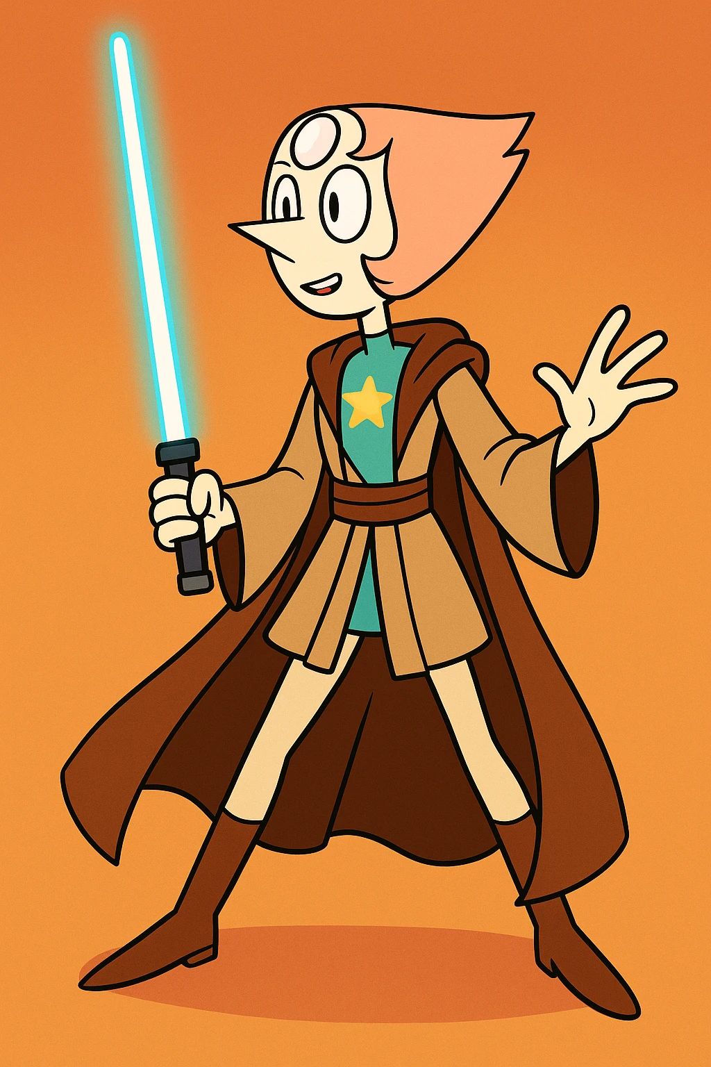 Pearl from Steven Universe wearing Jedi robes, elegant stance, glowing lightsaber, animated style emoji