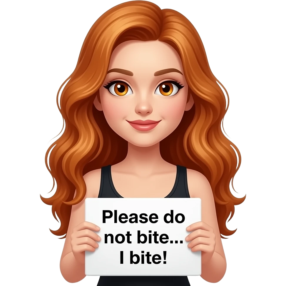 sexy girl with long wavy ginger hair and ginger eyes wearing a black tanktop is holding a white sign with Bitte NICHT STREICHELN... ICH BEIßE! written on it emoji