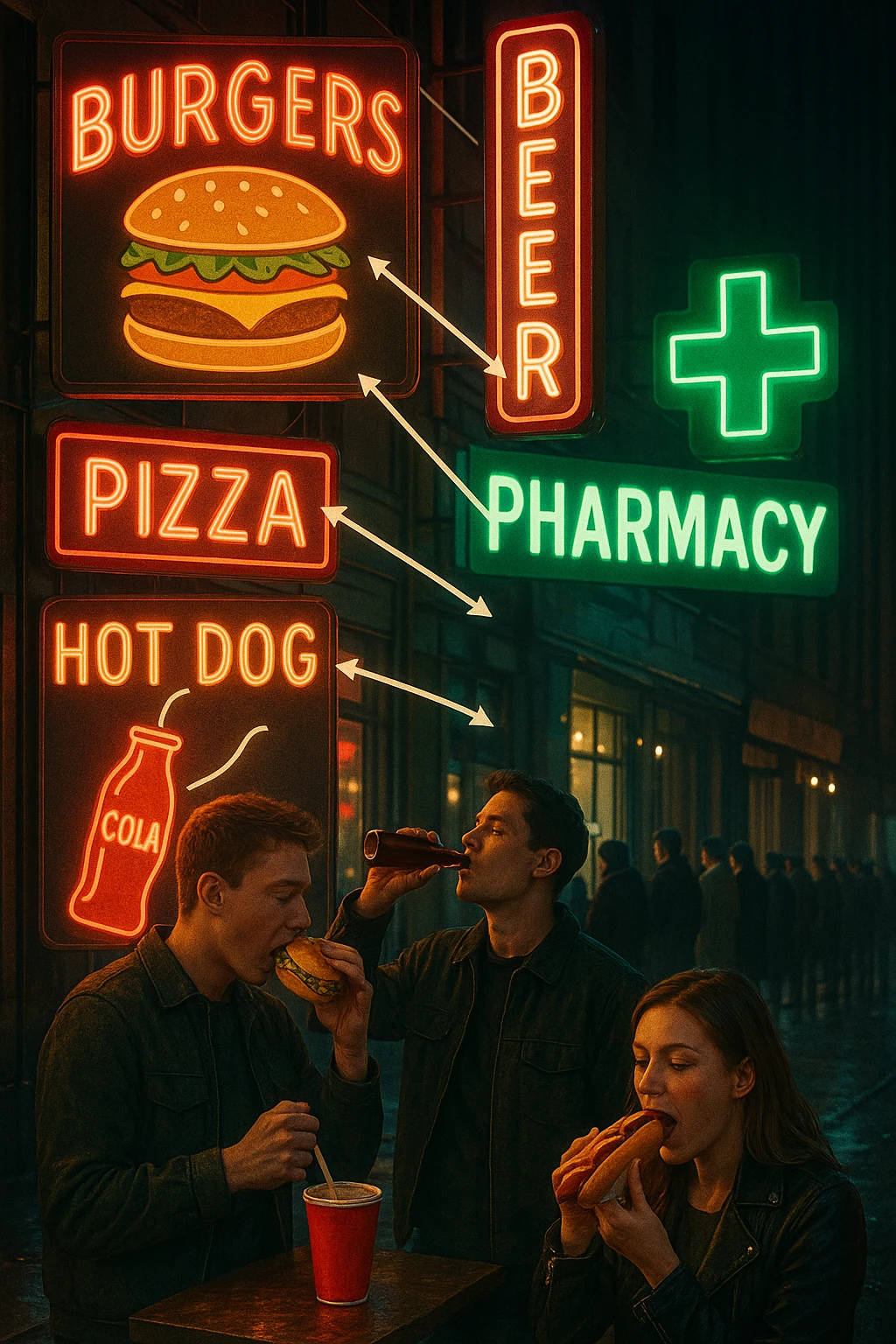 Realistic, vertical scene: a city street filled with bright, enticing advertisements for junk food and alcohol. In the foreground, people indulge in unhealthy foods and drinks, while in the background, a large pharmacy sign glows, and a line of people waits to buy medicine. Subtle arrows or visual cues connect the unhealthy choices to the need for medication, highlighting the cycle. in italiano emoji