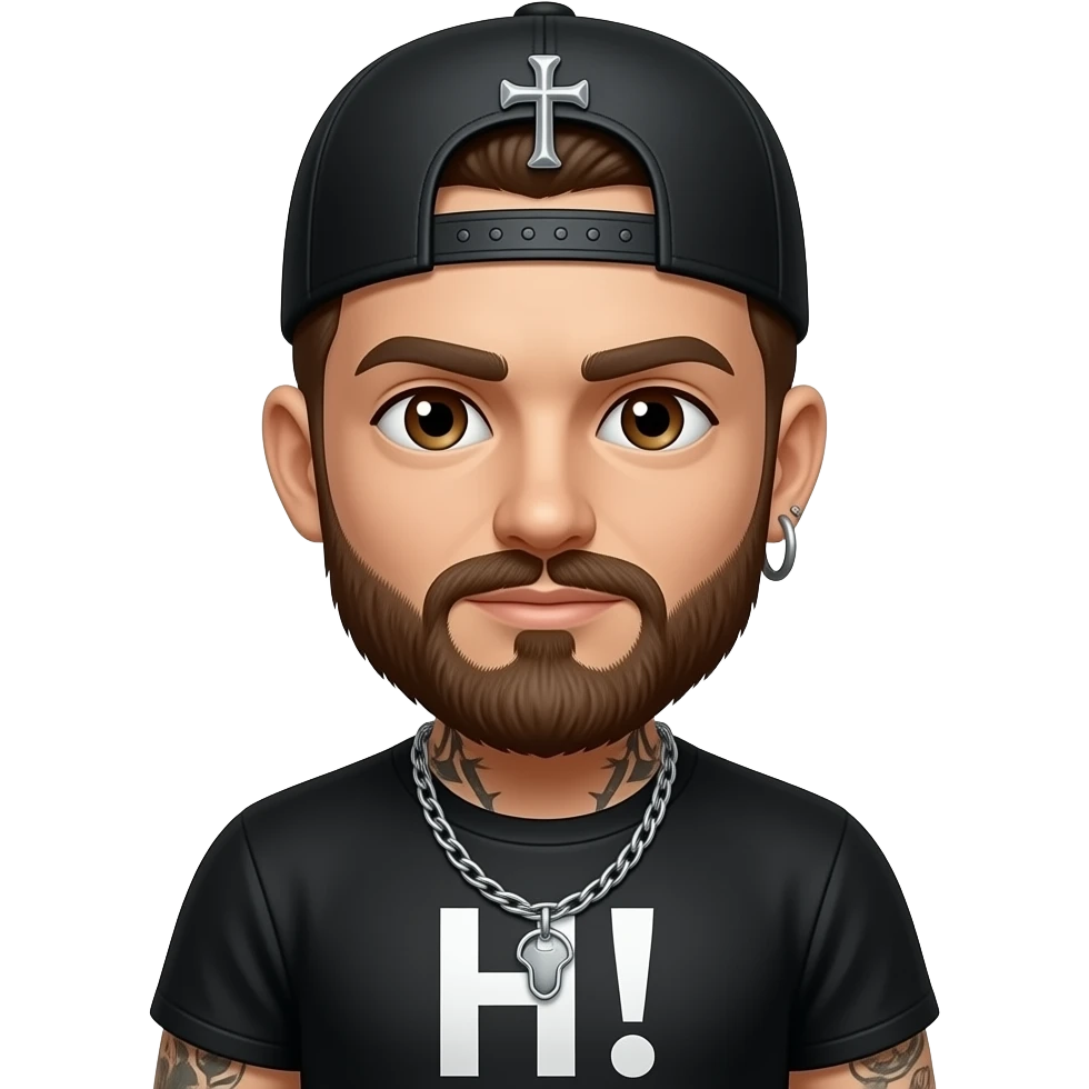 Brown eyes, rock-style cap with metallic clips on the cap visor , rock cross on the cap , black teeshirt, saying hi, no tattoo , no chain, short hair , brown beard, no withstand emoji