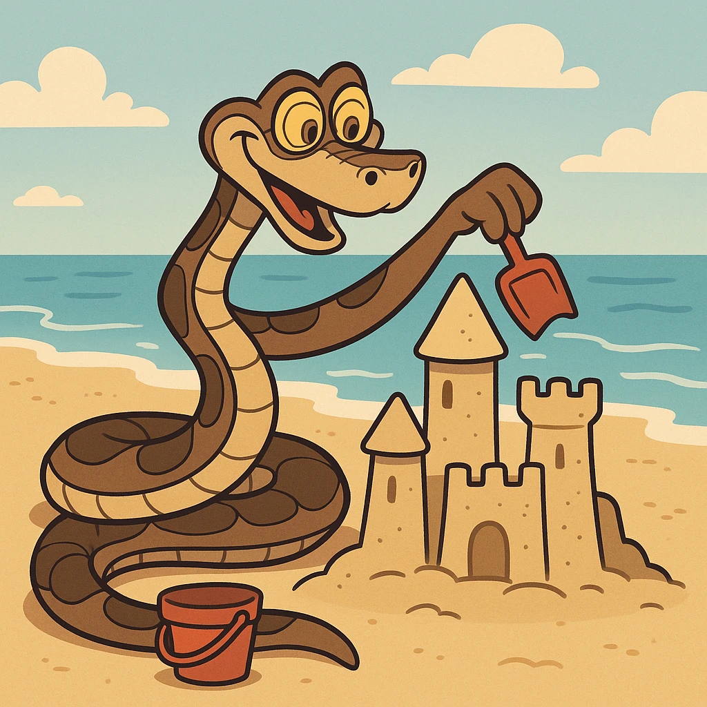 Kaa the snake from The Jungle Book building a sandcastle at the beach, playful cartoon style emoji