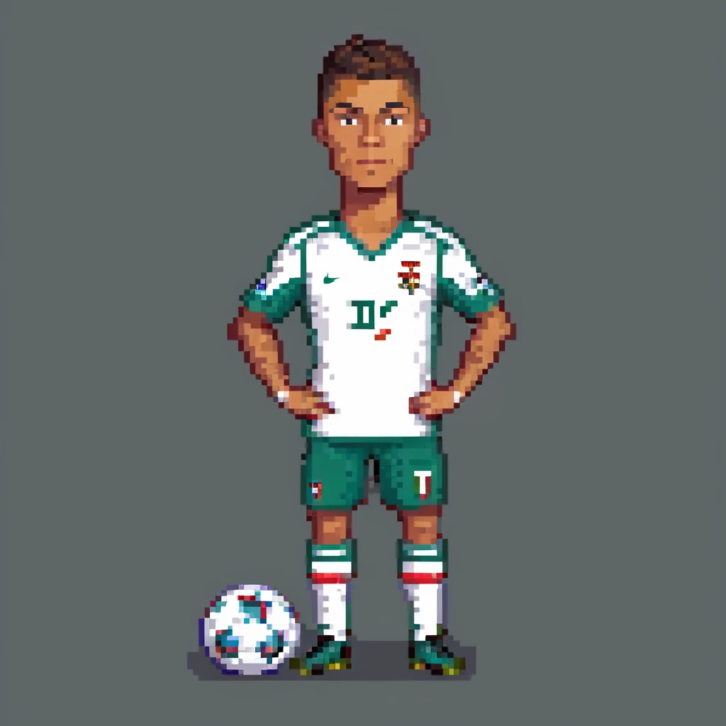 Cristiano Ronaldo in a football kit, ready to kick a ball, pixel art, retro 16-bit video game style, football pitch background, stadium lights, sharp pixel edges, rich colors, vintage look, focus on short hair, athletic build, confident expression emoji