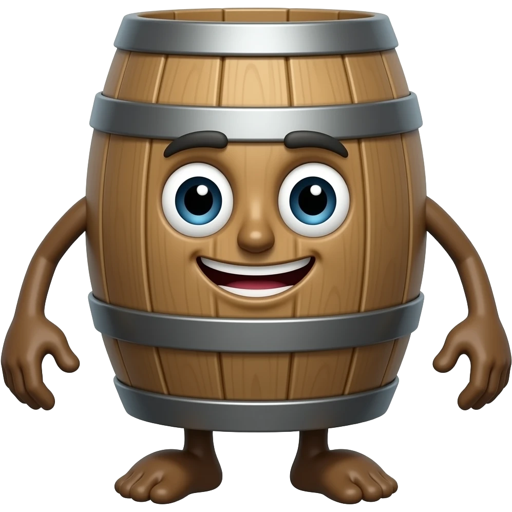 A barrel with legs and hands and a head emoji