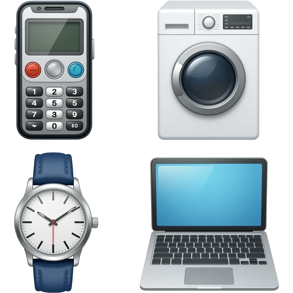 Collage of cellphone, washing machine, watch, laptop emoji