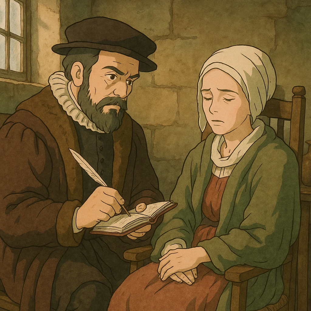 A doctor from the 1500s in Europe making written notes about a sick female patient in his care by carefully observing the patient who is ill and sitting in a chair in their home. emoji
