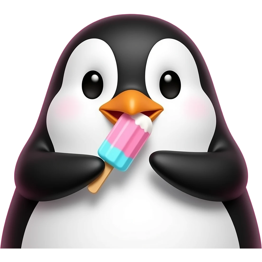 penguin eating stick ice cram with vibrant pink scope half body close up emoji