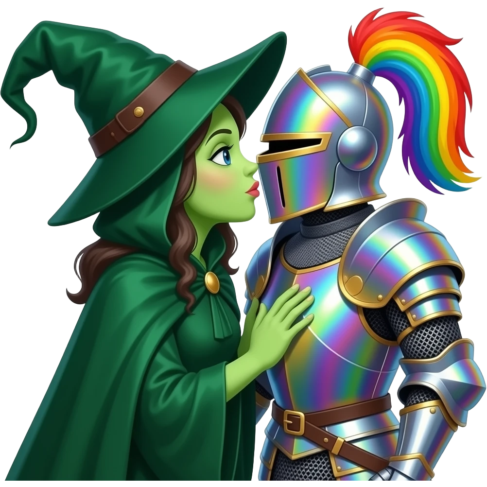 A green cloaked witch kissing a rainbow knight emoji