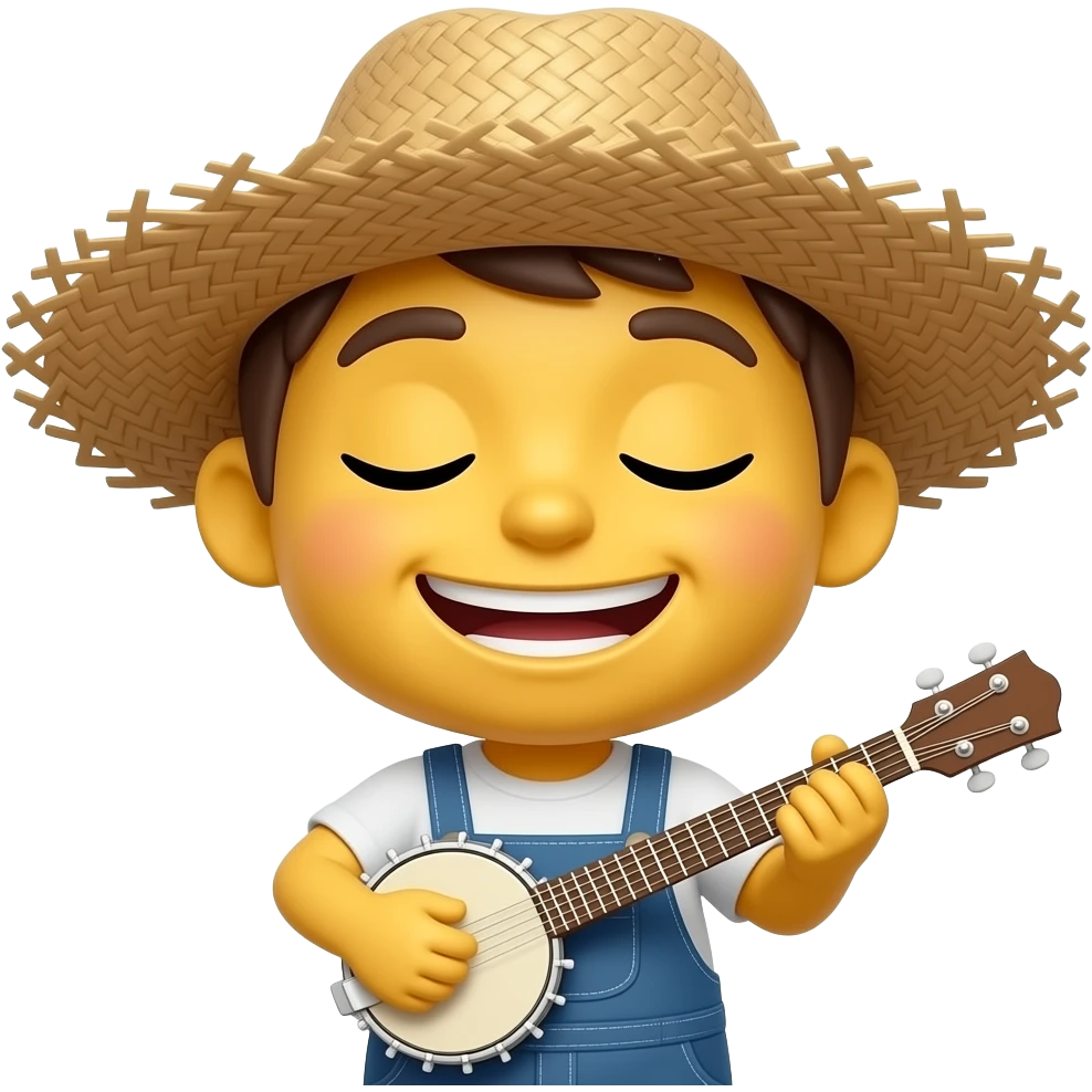 Little miniature yellow emoji smiling, mouth closed, wearing messy straw hat playing banjo, wearing coveralls, eyes closed emoji