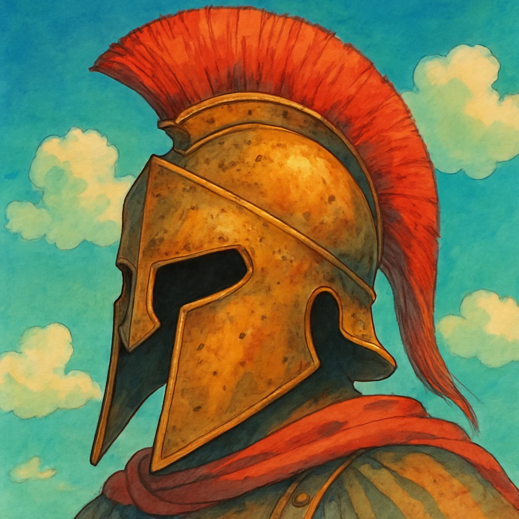Spartan warrior helmet, ghibli style, detailed, artistic, vibrant colors emoji