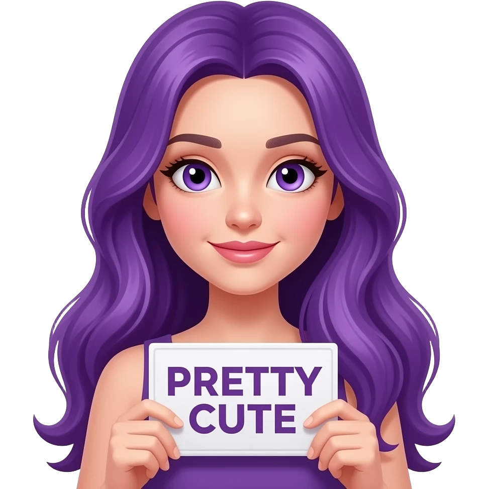 sexy girl with long purple hair and purple eyes holding a PRETTY CUTE sign emoji