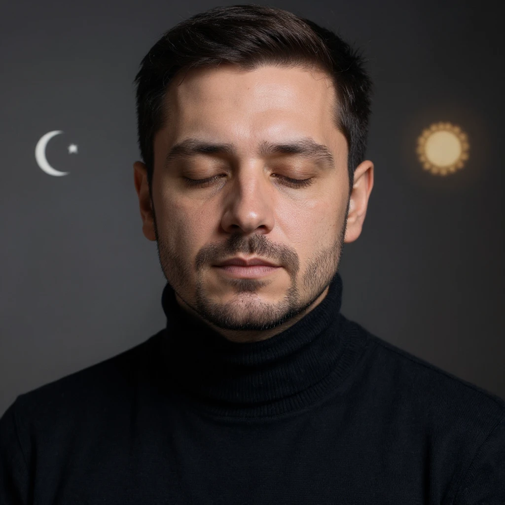 Vertical portrait of a man's face in a realistic style with closed eyes. Include symbols of the moon and sun near the face to represent the day-night cycle of fasting. The atmosphere should convey natural balance. emoji