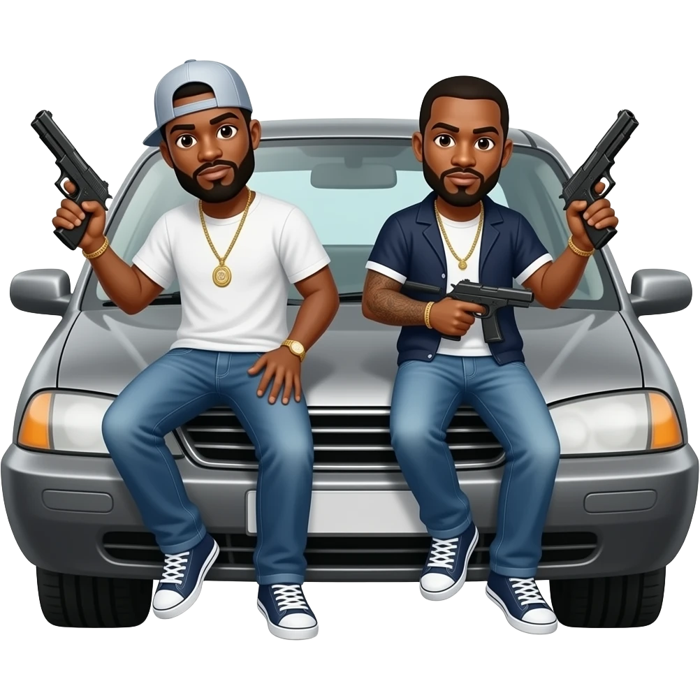 Black gang members hanging out of a car with guns emoji