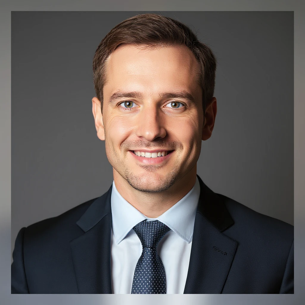 Make the professional looking white pale man with brown hair smile, keep business attire and realistic style, neutral background, professional photography style. emoji
