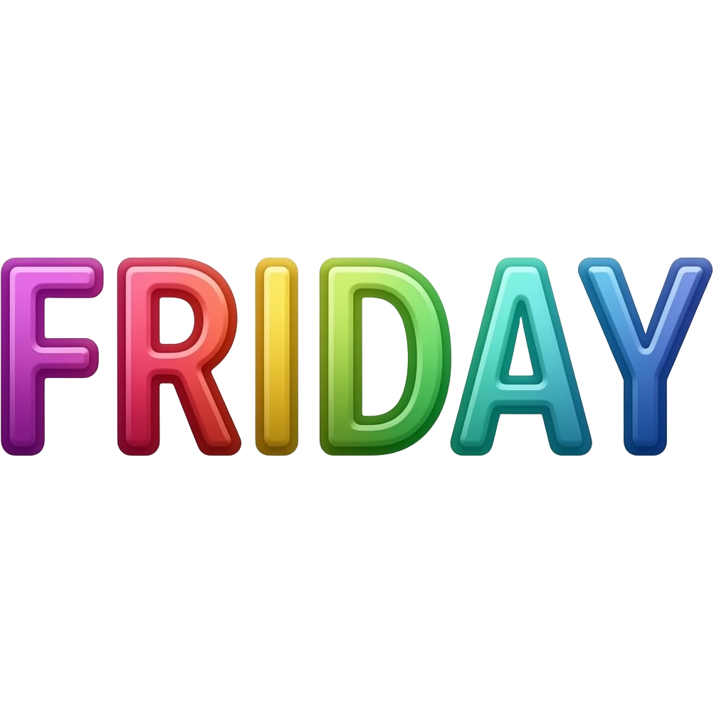 Friday, the word, all caps, flashy, colorful emoji