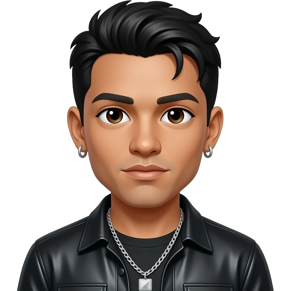 Ice Cube, Rapper with dark brown eyes, black hair, black metallic shirt, silver necklace and short earrings emoji