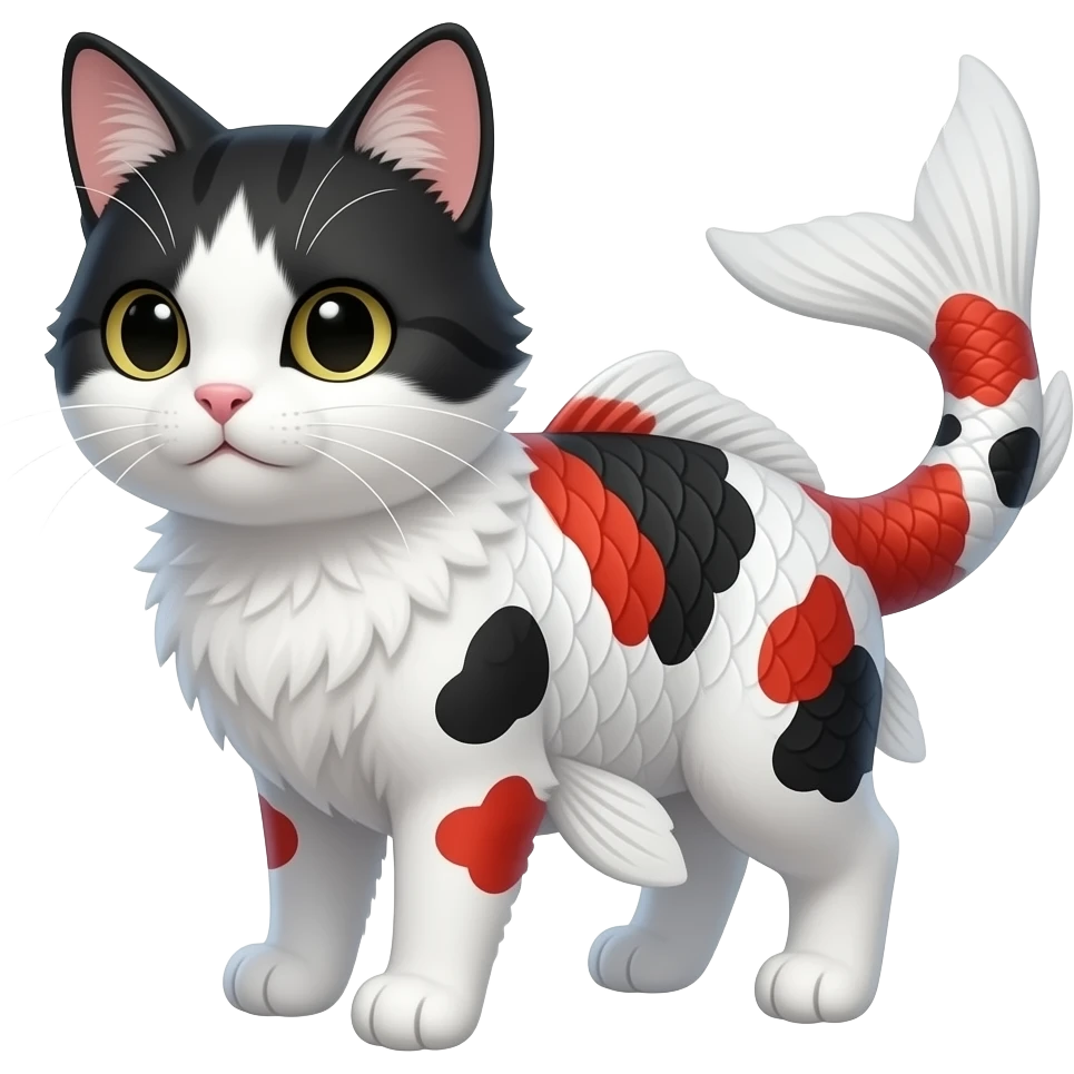 White, black, red, Koi-fish-fox-cat with thick fleshy catfish-whiskers, furry, cute realistic oriental, Japanese painted marked patterned fish-tailed emoji