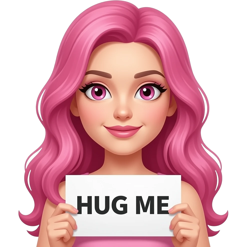sexy girl with long pink hair and pink eyes holding HUG ME sign emoji