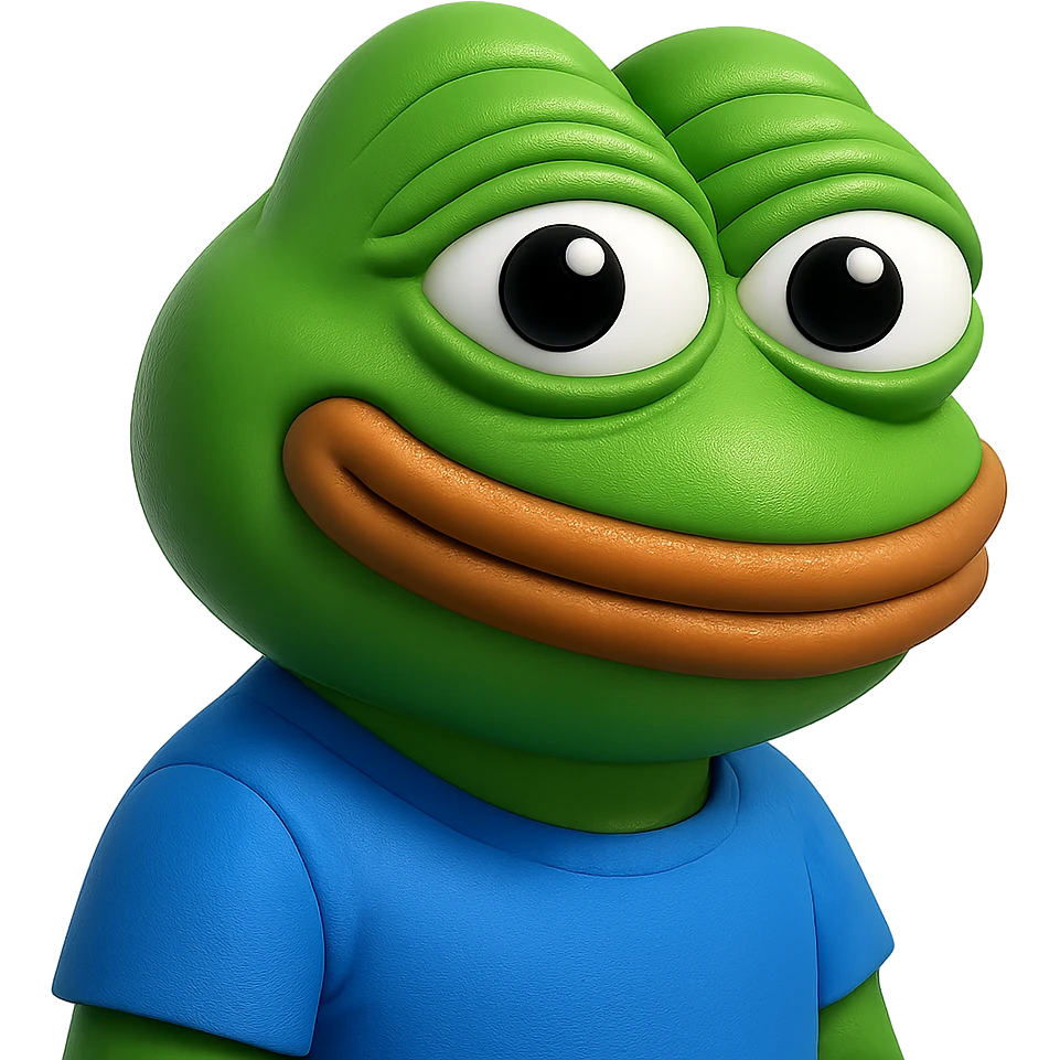 pepe in
- 3d style
- bright green
- blue shirt
- smiling
- looking straight at the camera
- good highlights and shadows
- 30deg angled towards the right
- 20% inset padding emoji