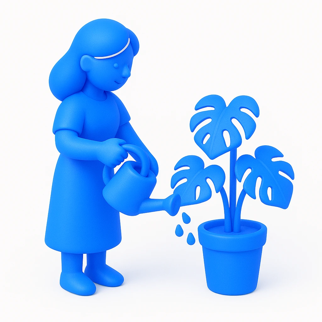 woman watering her monstera plant emoji