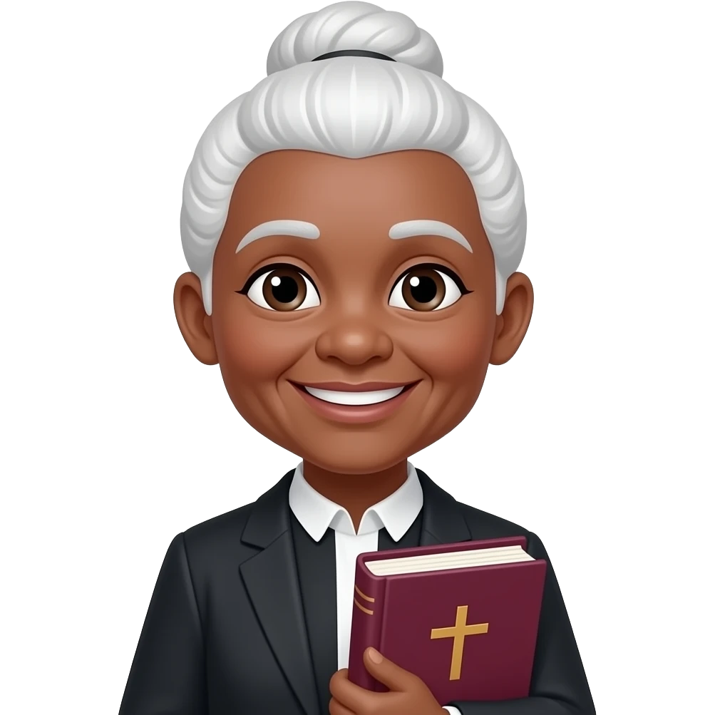 wise old woman with white hair in a bun black skin smile with burgundy book that has a cross on it emoji