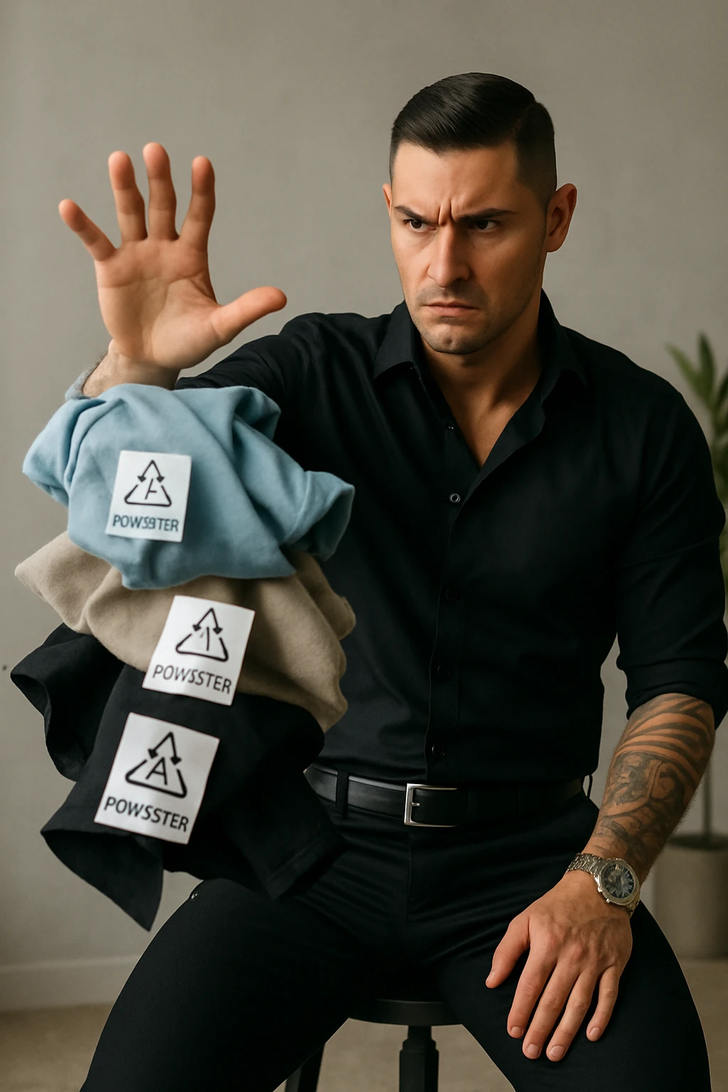 Create a very realistic vertical image of a man (similar to the reference photo) decisively throwing away all polyester clothes. The clothes should have visible labels or symbols indicating "polyester." The man's expression is serious with a clear gesture that communicates the harm of polyester clothes. The background is neutral with a professional atmosphere and natural details. The aspect ratio is 2:3. emoji