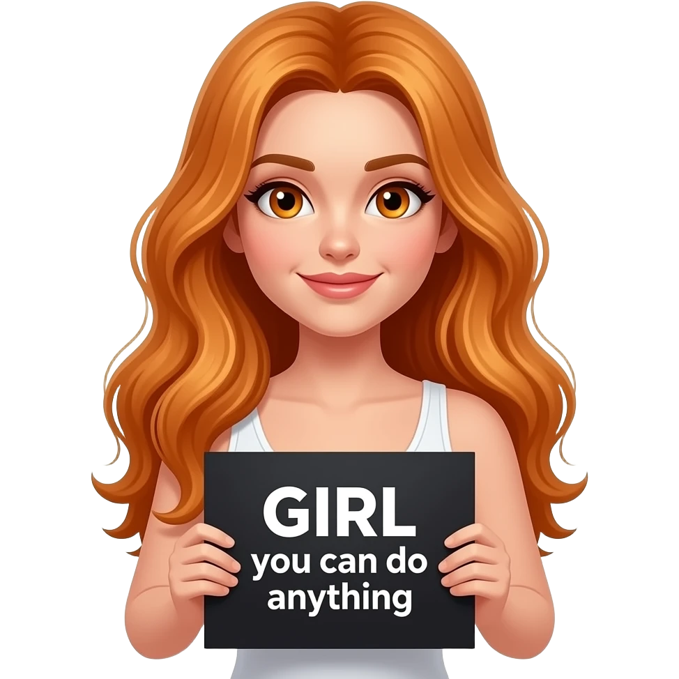 sexy girl with long wavy ginger hair and ginger eyes wearing a white tanktop is holding a black colored sign with GIRL you can do anything written on it emoji