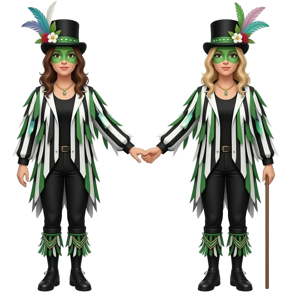 Female Morris dancers carrying a stick with a ragged jacket in black white and green stripes with the occasional piece of sparkly fabric. A top hat decorated with feathers and flowers and green face paint.. emoji